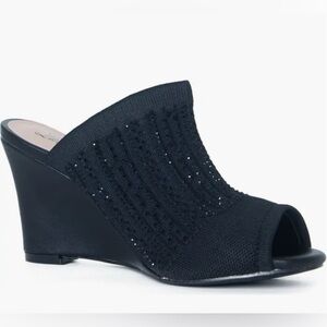 Lauren Lorraine Martha Black Stretchy Upper Peep-Toe Wedge Mules US 7 1/2  NWT